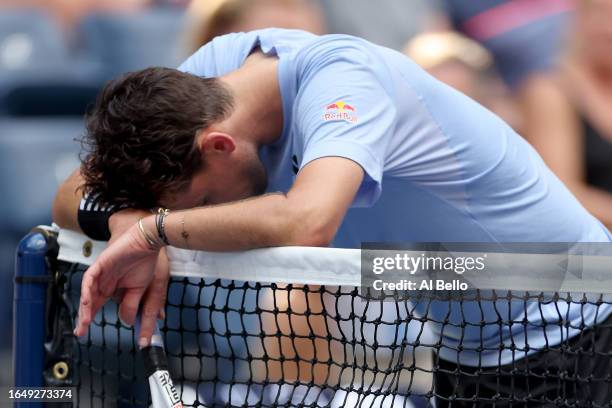Dominic Thiem of Austria reacts against Ben Shelton of the United States during their Men's Singles Second Round match on Day Three of the 2023 US...