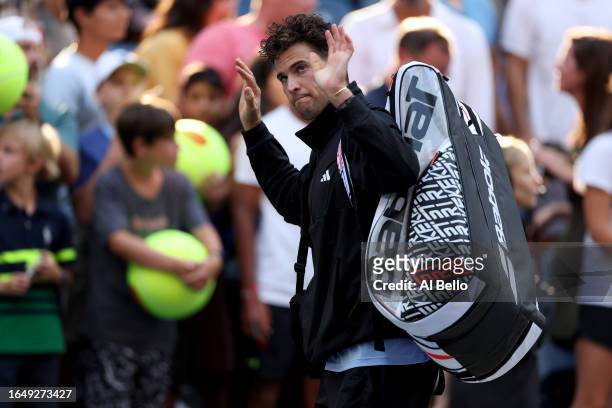 Dominic Thiem of Austria leaves the court after retiring against Ben Shelton of the United States during their Men's Singles Second Round match on...