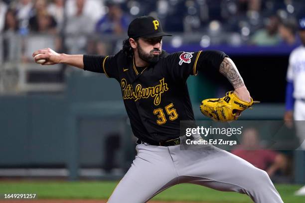 Colin Holderman of the Pittsburgh Pirates throws in the eighth inning against the Kansas City Royals at Kauffman Stadium on August 29, 2023 in Kansas...