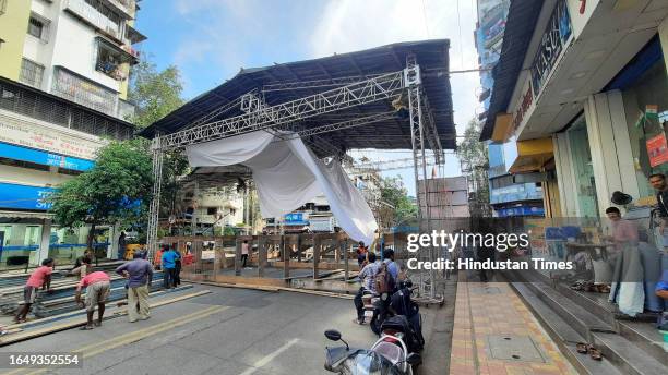 Stage at Tembhi naka thane preparations are underway in Thane for the upcoming Dahi Handi festival on September 6, 2023 in Thane, India.