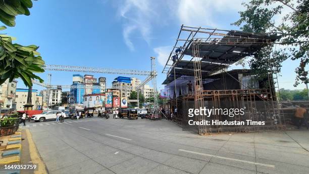 Stage at Chintamani Circle thane preparations are underway in Thane for the upcoming Dahi Handi festival on September 6, 2023 in Thane, India.