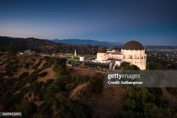 griffith park observatory at twilight - aerial - santa monica mountains stock pictures, royalty-free photos & images