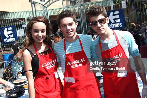 Actors Savannah Jayde, Jimmy Deshler and Brandon Tyler Russell attend the Los Angeles Mission Easter celebration held at the Los Angeles Mission on...