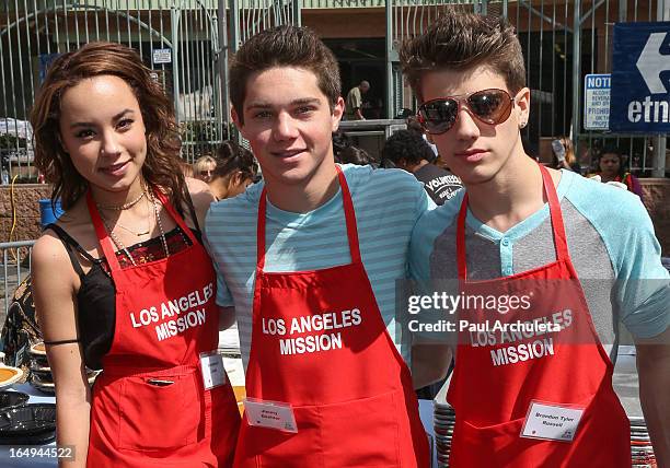 Actors Savannah Jayde, Jimmy Deshler and Brandon Tyler Russell attend the Los Angeles Mission Easter celebration at the Los Angeles Mission on March...