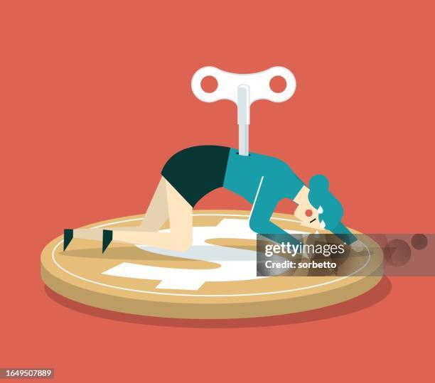 inflation - tired businesswoman - wind up toy stock illustrations