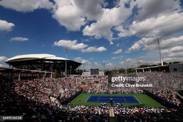 General view of Grandstand Court as Stefanos Tsitsipas of Greece plays against Dominic Stricker of Switzerland during their Men's Singles Second...