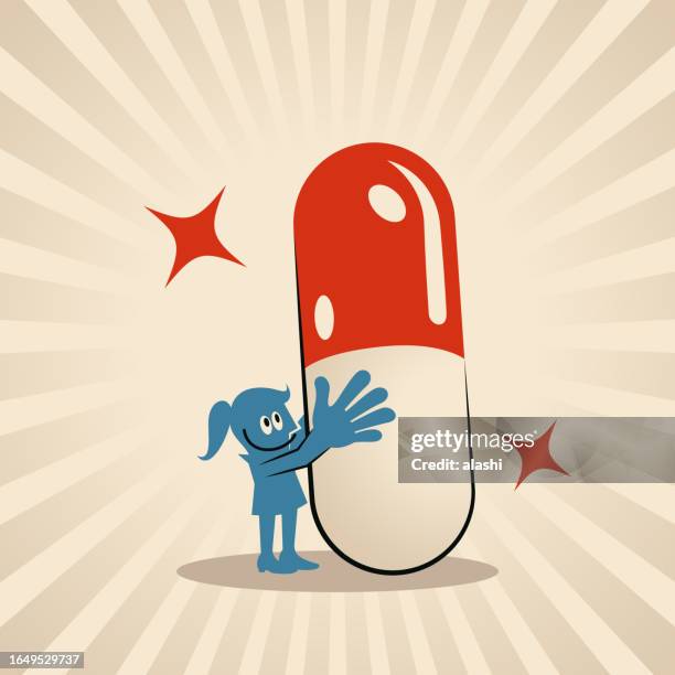 ilustrações, clipart, desenhos animados e ícones de uma mulher sorridente segurando uma grande cápsula de remédio - prevenção de doenças