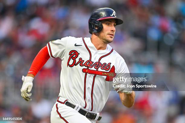 Atlanta first baseman Matt Olson runs to first base during the MLB game between the St Louis Cardinals and the Atlanta Braves on September 6th, 2023...