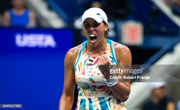 Madison Keys of the United States in action against Marketa Vondrousova of the Czech Republic in the quarter-final on Day 10 of the US Open at USTA...