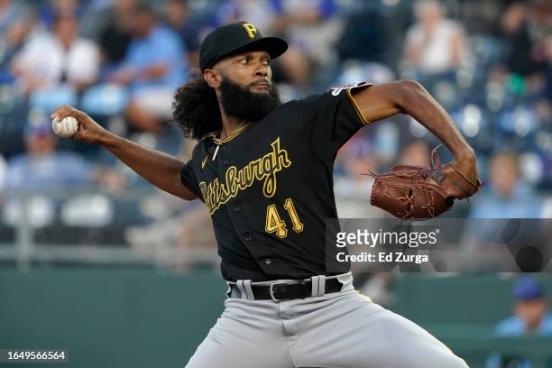 Andre Jackson of the Pittsburgh Pirates throws in the first inning against the Kansas City Royals at Kauffman Stadium on August 30, 2023 in Kansas...