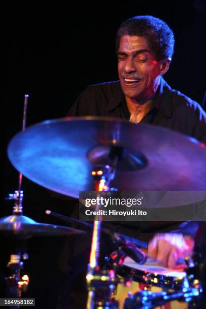 Kieran Hebden on electronics and Steve Reid on drums performing at Mercury Lounge on Monday night, April 3, 2006.This image:Steve Reid.