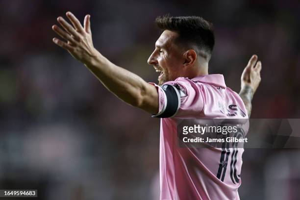 Lionel Messi of Inter Miami CF reacts in the second half during a match between Nashville SC and Inter Miami CF at DRV PNK Stadium on August 30, 2023...