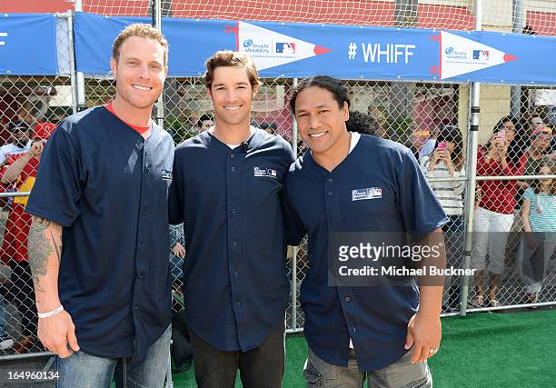 Los Angeles Angels of Anaheim Josh Hamilton, C.J. Wilson and Troy Polamalu at Head and Shoulders first ever 'Whiff-A-Thon' event to launch the Season...