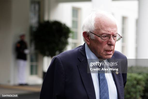 Sen. Bernie Sanders speaks to members of the press outside the West Wing of the White House on August 30, 2023 in Washington, DC. Sanders met with...