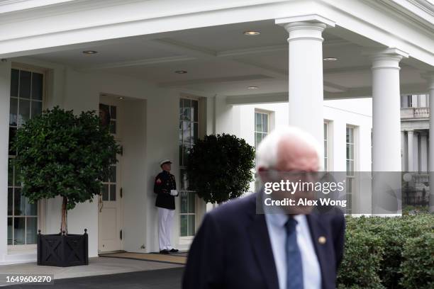 Sen. Bernie Sanders speaks to members of the press outside the West Wing of the White House on August 30, 2023 in Washington, DC. Sanders met with...