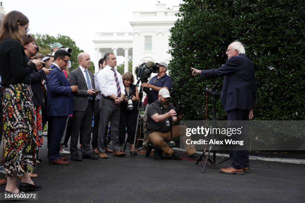 Sen. Bernie Sanders speaks to members of the press outside the West Wing of the White House on August 30, 2023 in Washington, DC. Sanders met with...