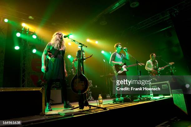 Canadian singer Sarah Blackwood, Ryan Marshall and Gianni 'Luminati' Nicassio of Walk Off The Earth performs live during a concert at the Huxleys on...