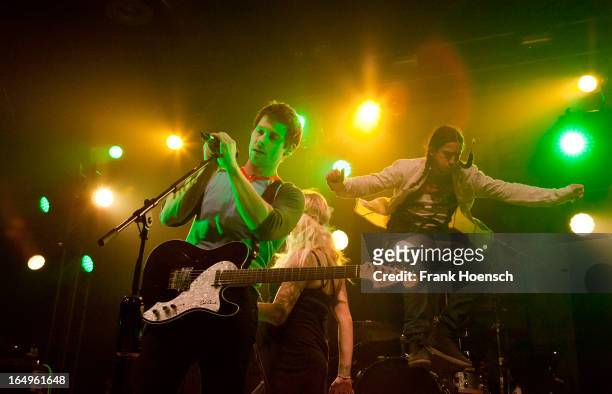 Canadian singer Sarah Blackwood and Gianni 'Luminati' Nicassioof Walk Off The Earth performs live during a concert at the Huxleys on March 29, 2013...
