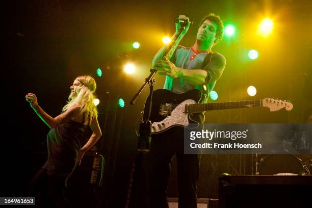 Canadian singer Sarah Blackwood and Ryan Marshall of Walk Off The Earth performs live during a concert at the Huxleys on March 29, 2013 in Berlin,...