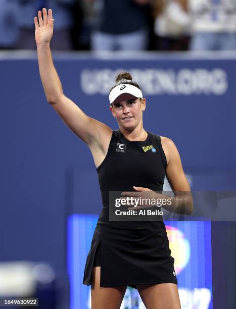 Jennifer Brady of the United States celebrates after defeating Magda Linette of Poland during their Women's Singles Second Round match on Day Three...