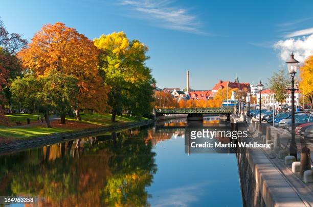 autumn trees reflecting on river in rosenlundskanalen - västra götaland county stock pictures, royalty-free photos & images