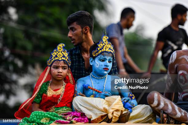 Children dressed as the Hindu deity ''Lord Krishna'' to take part in processing during the Janmashtami Festival, as the Hindu celebrates the birth...