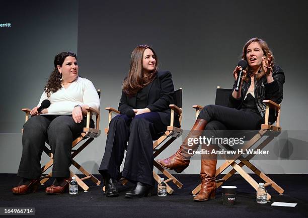 Moderator Anastasia Tsioulcas, classical pianist Simone Dinnerstein and singer-songwriter Tift Merritt attend Meet the Musicians at the Apple Store...