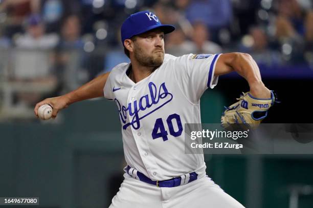 Collin Snider of the Kansas City Royals throws in the sixth inning against the Pittsburgh Pirates at Kauffman Stadium on August 30, 2023 in Kansas...