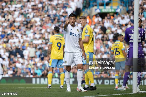 Joel Piroe of Leeds United appeals to the ball boys during the SkyBet Championship match between Leeds United and Sheffield Wednesday at Elland Road,...