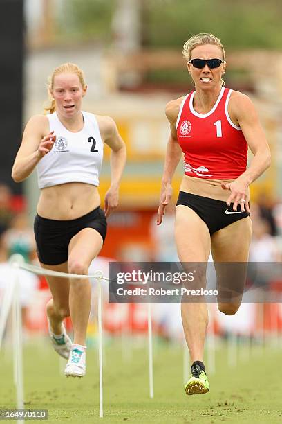 Tamsyn Manou of Glen Iris competes in Heat 10 State of Victoria Strickland Family Women's Gift during the 2013 Stawell Gift carnival at Central Park...