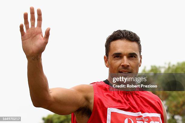 Joshua Ross of Hawthorn East wins the Australia Post Stawell Gift Heat 12 during the 2013 Stawell Gift carnival at Central Park on March 30, 2013 in...