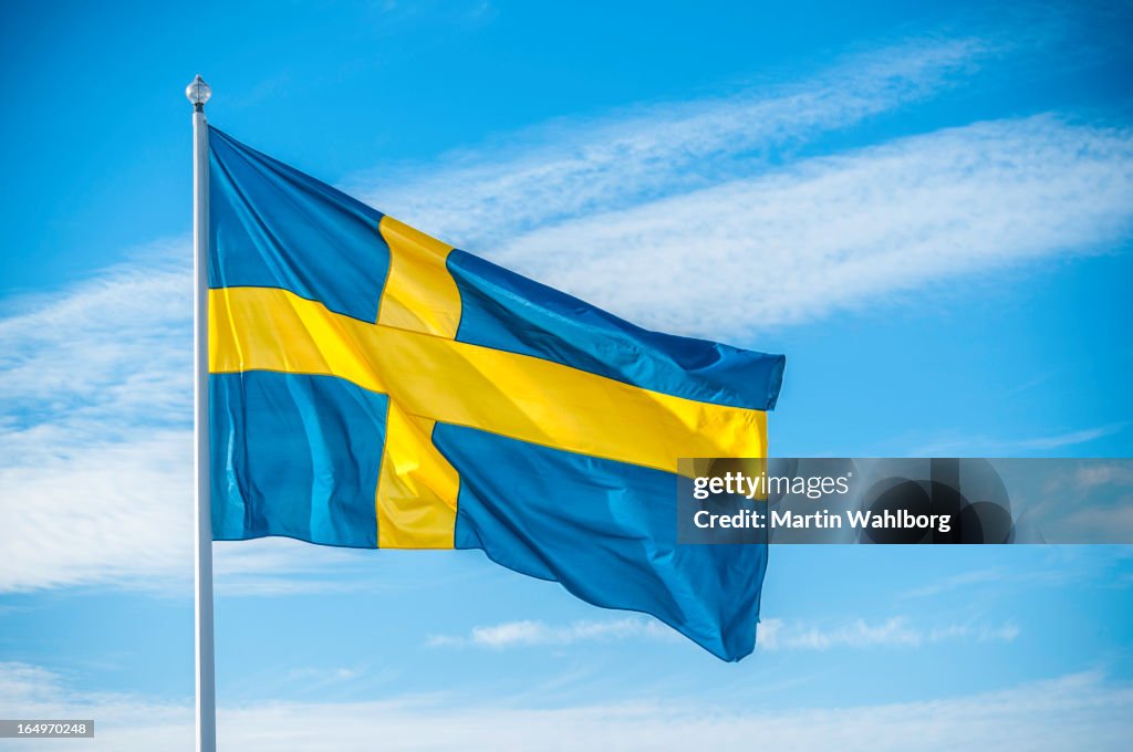 Swedish nation flag in sunlight