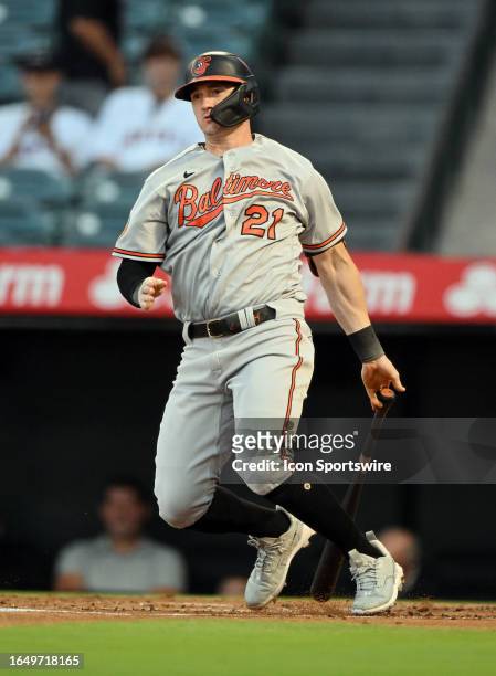 Baltimore Orioles left fielder Austin Hays hits a single during the second inning of an MLB baseball game against the Los Angeles Angels played on...