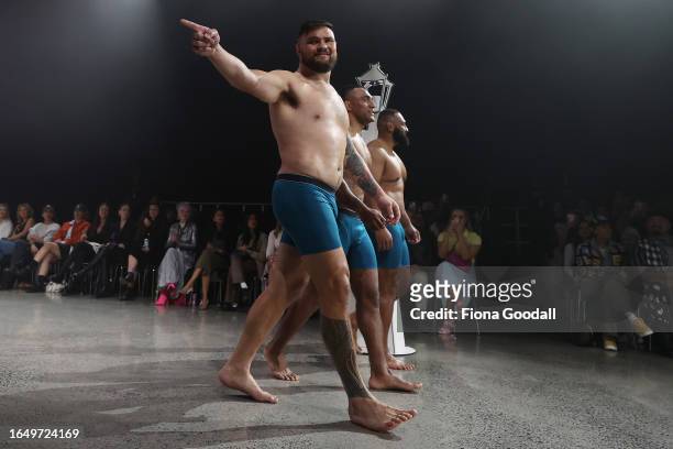 Angus Ta'avao walks the runway during the Jockey show during New Zealand Fashion Week 23: Kahuria at Viaduct Events Centre‎ on August 31, 2023 in...