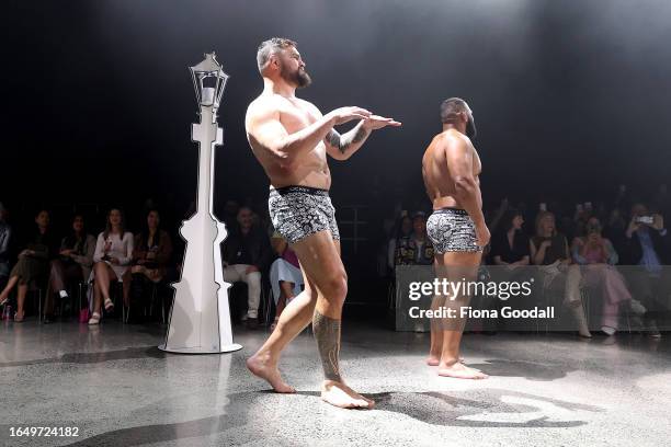 Angus Ta'avao walks the runway during the Jockey show during New Zealand Fashion Week 23: Kahuria at Viaduct Events Centre‎ on August 31, 2023 in...