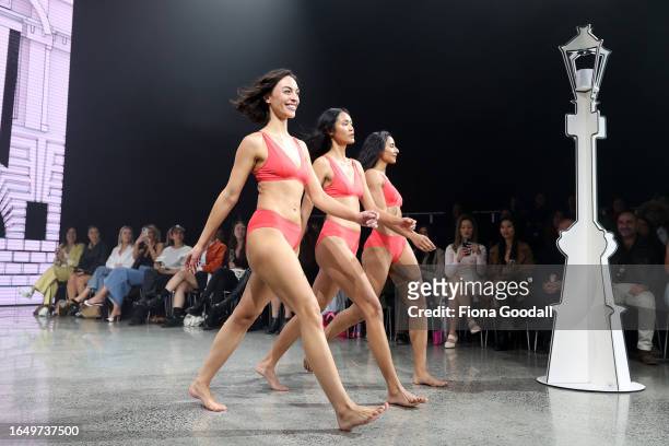 Models walk the runway during the Jockey show during New Zealand Fashion Week 23: Kahuria at Viaduct Events Centre‎ on August 31, 2023 in Auckland,...