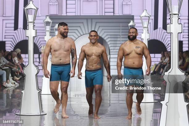 Angus Ta'avao, Sevu Reece and George Bower walk the runway during the Jockey show during New Zealand Fashion Week 23: Kahuria at Viaduct Events...