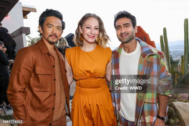 John Cho, Emily V. Gordon and Kumail Nanjiani at the ZEGNA x The Elder Statesman party on September 6, 2023 in Los Angeles, California