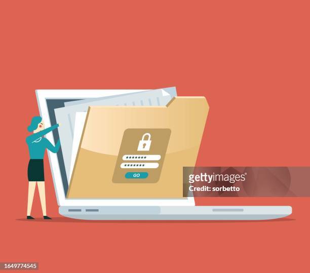 digital file management and security - busineswoman - hidden secret stock illustrations