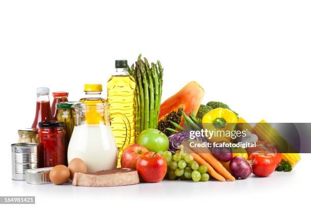 large group of food shoot on white backdrop - canned food on white stock pictures, royalty-free photos & images