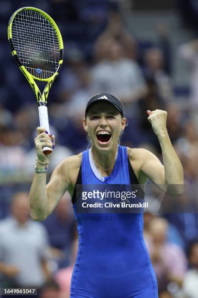 Caroline Wozniacki of Denmark celebrates after defeating Petra Kvitova of Czech Republic during their Women's Singles Second Round match on Day Three...
