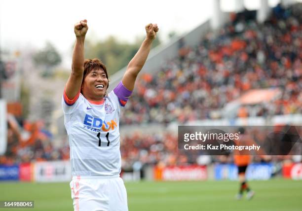 Hisato Sato of Sanfrecce Hiroshima celebrates scoring the fourth goal during the J.League match between Shimizu S-Pulse and Sanfrecce Hiroshima at...