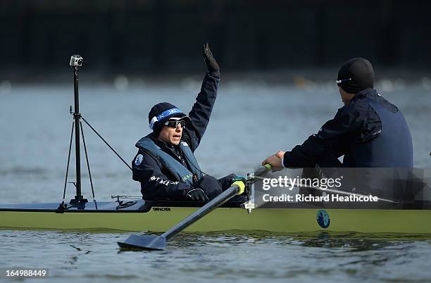 Oxford cox Oskar Zorrilla in action during a training outing on The River Thames on March 30, 2013 in London, England. The 159th University Boat Race...