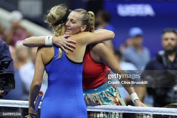 Caroline Wozniacki of Denmark hugs Petra Kvitova of Czech Republic after defeating her in their Women's Singles Second Round match on Day Three of...