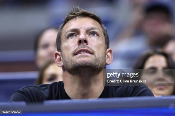 American former professional basketball player David Lee and husband of Caroline Wozniacki of Denmark looks on during her Women's Singles Second...