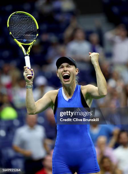 Caroline Wozniacki of Denmark celebrates match point against Petra Kvitova of Czech Republic during their Women's Singles Second Round match on Day...