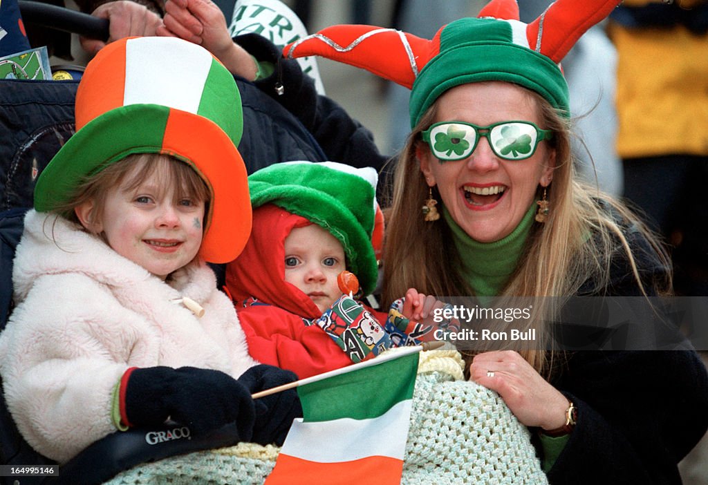 St Patricks Day Parade 03/18/01 Three people together Mother is Caitriona Walsh-Cussen with glasseso