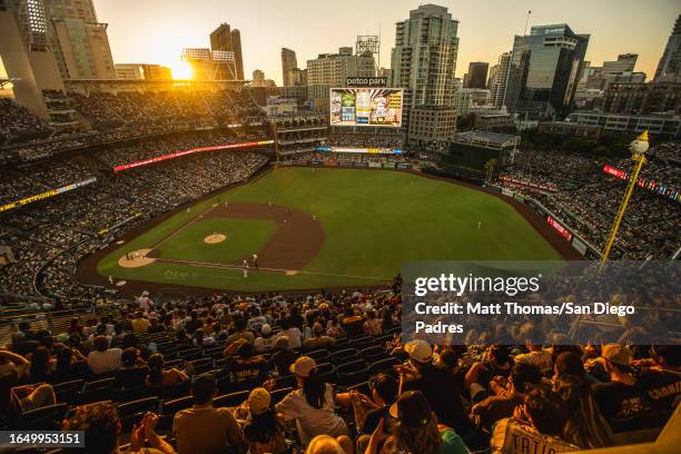 General view of the ball as the sun sets as the San Diego Padres face against the Miami Marlins on August 22, 2023 at Petco Park in San Diego,...