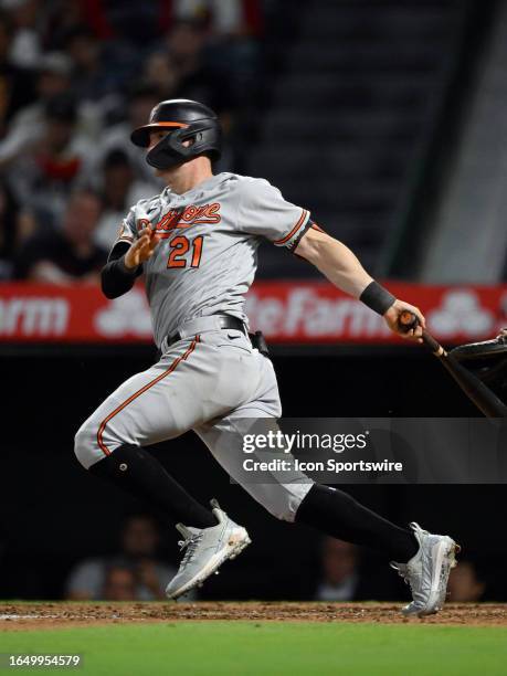 Baltimore Orioles left fielder Austin Hays hits a single during the fifth inning of an MLB baseball game against the Los Angeles Angels played on...