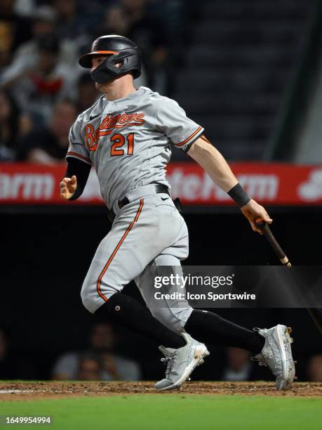 Baltimore Orioles left fielder Austin Hays hits a single during the fifth inning of an MLB baseball game against the Los Angeles Angels played on...